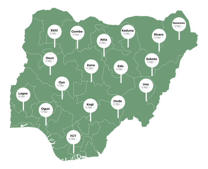 Map of Nigeria with store counts pinned per state